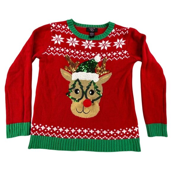 Festive Reindeer Christmas Sweater Sequin Green Trims Holiday Ugly Sweater - Picture 1 of 7